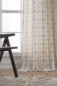 Detail of Nordic floral print on semi-shading beige linen curtain fabric with vertical stripes