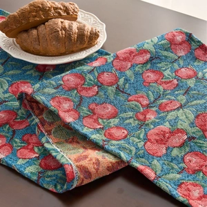Navy jacquard table runner with red apple floral pattern for home dining decor
