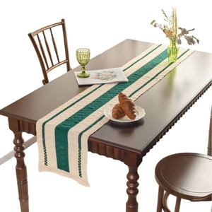 Vintage dark green striped knitted table runner with tassels for home decor