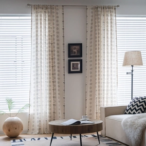Bohemian off-white semi-sheer curtains with black geometric floral print for living room