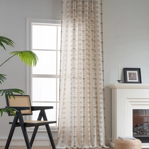 Nordic cream semi-blackout floral print curtains with elegant black vertical stripe patterns