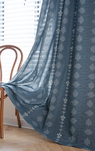 Detail of navy blue curtains featuring white floral prints on linen texture fabric