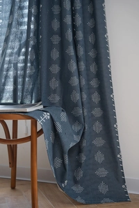 Close-up of navy blue curtains with geometric white dots and delicate floral lace edge