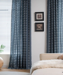 Close-up of Navy Blue Nordic curtains with white floral prints and semi-shading fabric