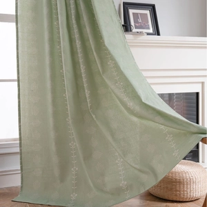 Sage green semi-blackout curtains with white floral patterns for living room and balcony