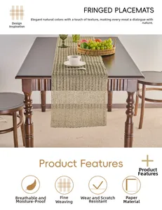 Detailed macro view of woven texture and fringe of the paper fiber table runner
