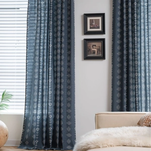Navy blue bohemian curtains with white floral print and elegant drapes for home decor