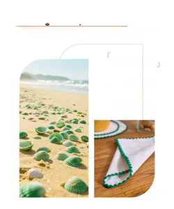 Close-up of linen placemat showing green tidal embroidery and handcrafted texture