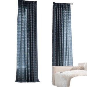 Modern navy blue curtains with white geometric floral pattern for a cozy living room decor