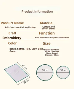 Size specifications chart for linen placemats with heat resistance and embroidery detail