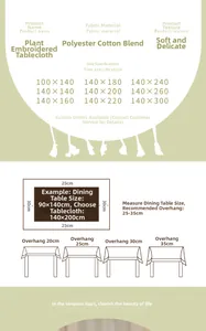 Size chart for cotton linen tablecloth with embroidery showing dimensions and drop length