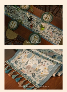 Macro detail of retro jacquard table runner with floral patterns and luxury tassels