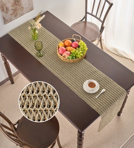 Detailed macro view of green woven table runner featuring intricate openwork hollow textures