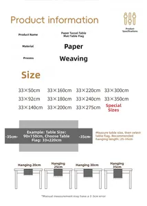 Size guide for woven paper table runner showing length options and hanging drop visual effects
