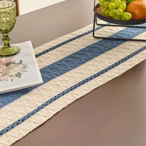 Nordic style blue and beige striped cotton table runner with woven diamond patterns