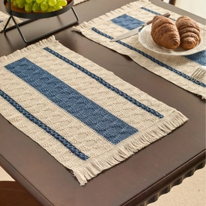 Nordic blue and beige striped woven table runner with decorative fringe tassels