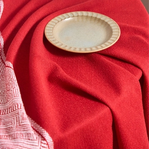 Red cotton linen round tablecloth with white Greek Key pattern border for home decor