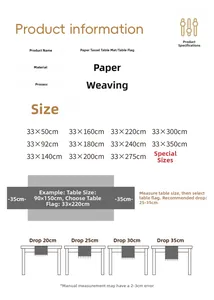 Size guide for woven paper table runner showing dimensions and overhang length suggestions