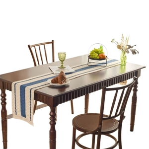 Nordic beige cotton linen table runner with navy blue stripes for home dining decor