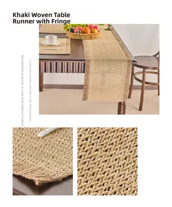 Close-up of khaki woven table runner with coffee tassels and geometric hollow patterns