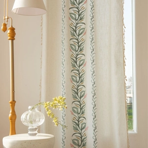 Bestickte Florale Baumwolle Leinen Textur Vorhänge Mit Quastenbesatz Halbtransparente Fenstergardinen Für Schlafzimmer Wohnzimmer