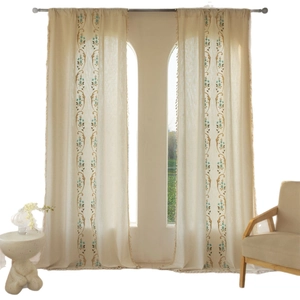 Rideaux en coton et lin avec broderies florales et pompons pour chambre moderne