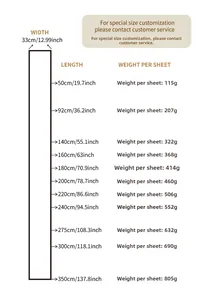 Size chart for green hollow paper woven table runner with multiple lengths and weight details