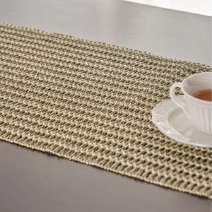 Modern woven table runner in beige lattice pattern for rustic wood dining table decor