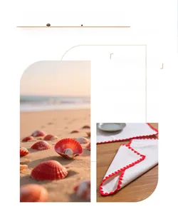 Detail of linen placemat with red scalloped edges on a wooden table, coastal style