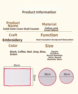 Detailed size chart for embroidered cotton linen placemats in multiple shapes and colors