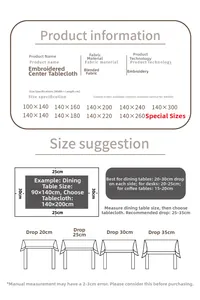 Size guide for embroidered linen tablecloth showing dimensions and drape length options