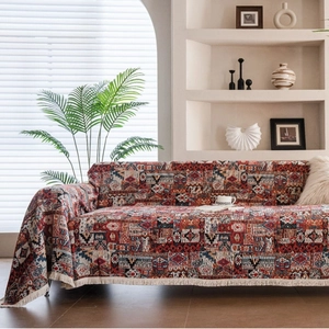 Bohemian Jacquard Sofa Cover Throw Blanket with Tassels Polyester Cotton Geometric Pattern Sofa Slipcover for Living Room Decor