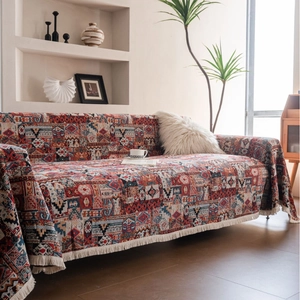 Bohemian geometric jacquard sofa cover with tassel fringe and colorful woven texture