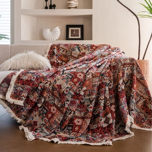 Bohemian geometric jacquard sofa cover with fringe, thick retro knitted ethnic throw blanket