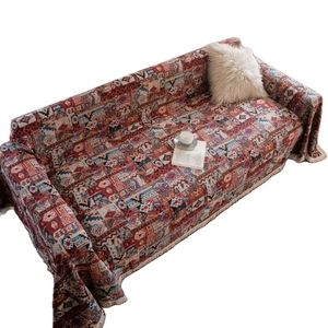 Bohemian geometric jacquard sofa cover with fringe tassels and vintage ethnic patterns