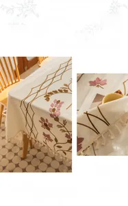 Detailed close-up of floral embroidery on thick cotton linen rectangular tablecloth