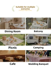 Various embroidered tassel tablecloth styles shown in different home and outdoor settings