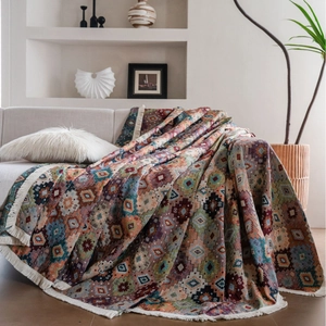 Bohemian geometric jacquard sofa blanket with fringes in red and blue ethnic patterns