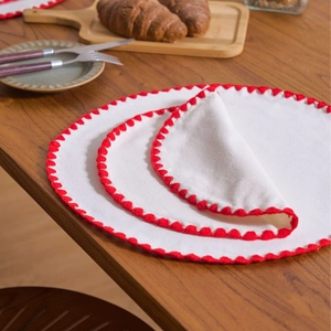 Embroidered Cotton Linen Placemats Scalloped Wave Edge Heat Resistant Table Mats For Dining Room Kitchen Home Decor
