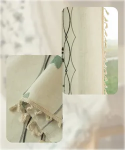 Detailed close-up of floral embroidery and beige tassel trim on semi-sheer linen curtains