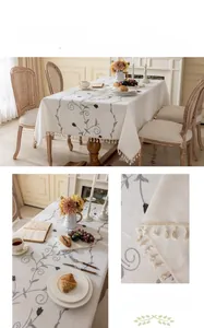 Detail showing elegant rose flower embroidery and tassel fringe on a linen tablecloth
