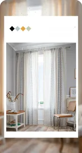 Detailed view of Nordic geometric curtain with fringe trim and blue stripe patterns