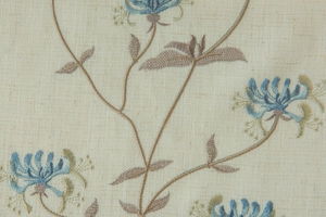 Macro view of blue flower embroidery on beige linen curtain fabric with detailed stitching