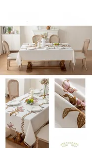 Detailed views of floral embroidery and fringe on a French vintage cotton tablecloth