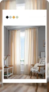 Detail showing Nordic curved geometric patterns and cream beige fringe on curtains