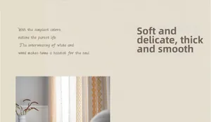 Detail of beige curtain with orange geometric embroidery and soft tassel edge texture