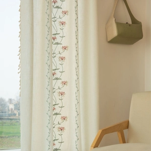 French Country Style Polyester Floral Embroidered Curtains With Tassel Semi-shading Window Panel For Living Room Bedroom