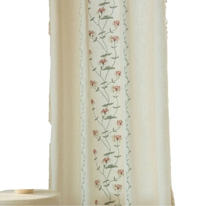 Modern beige cotton linen curtains with red flower embroidery and green leaf pattern