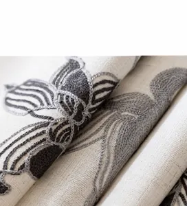 Détail macro de broderies florales 3D sur un tissu beige en lin et coton mélangé