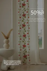 Detail of European beige curtain with floral embroidery and tassel fringe, 50% blackout